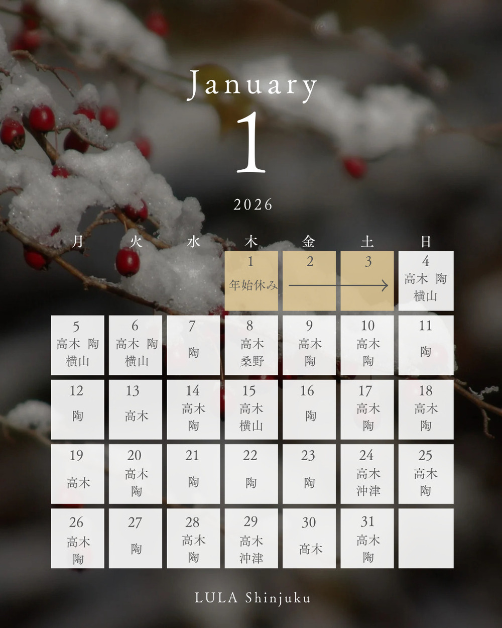 ルラ美容クリニック 新宿院 🫧【1月】新宿院出勤ドクターのお知らせ🫧